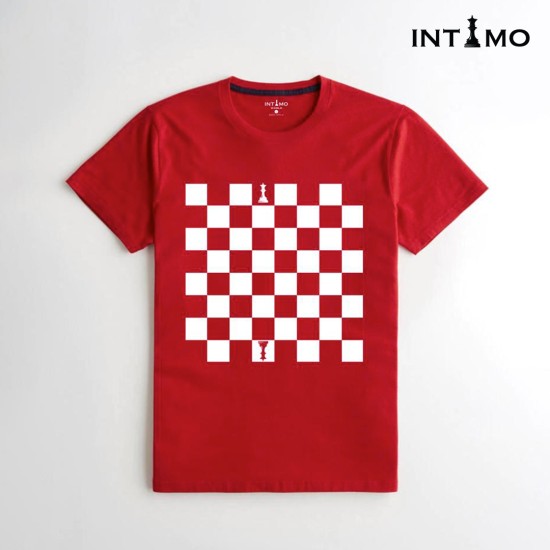 تيشيرت رجالي تصميم رقعة شطرنج لون أحمر